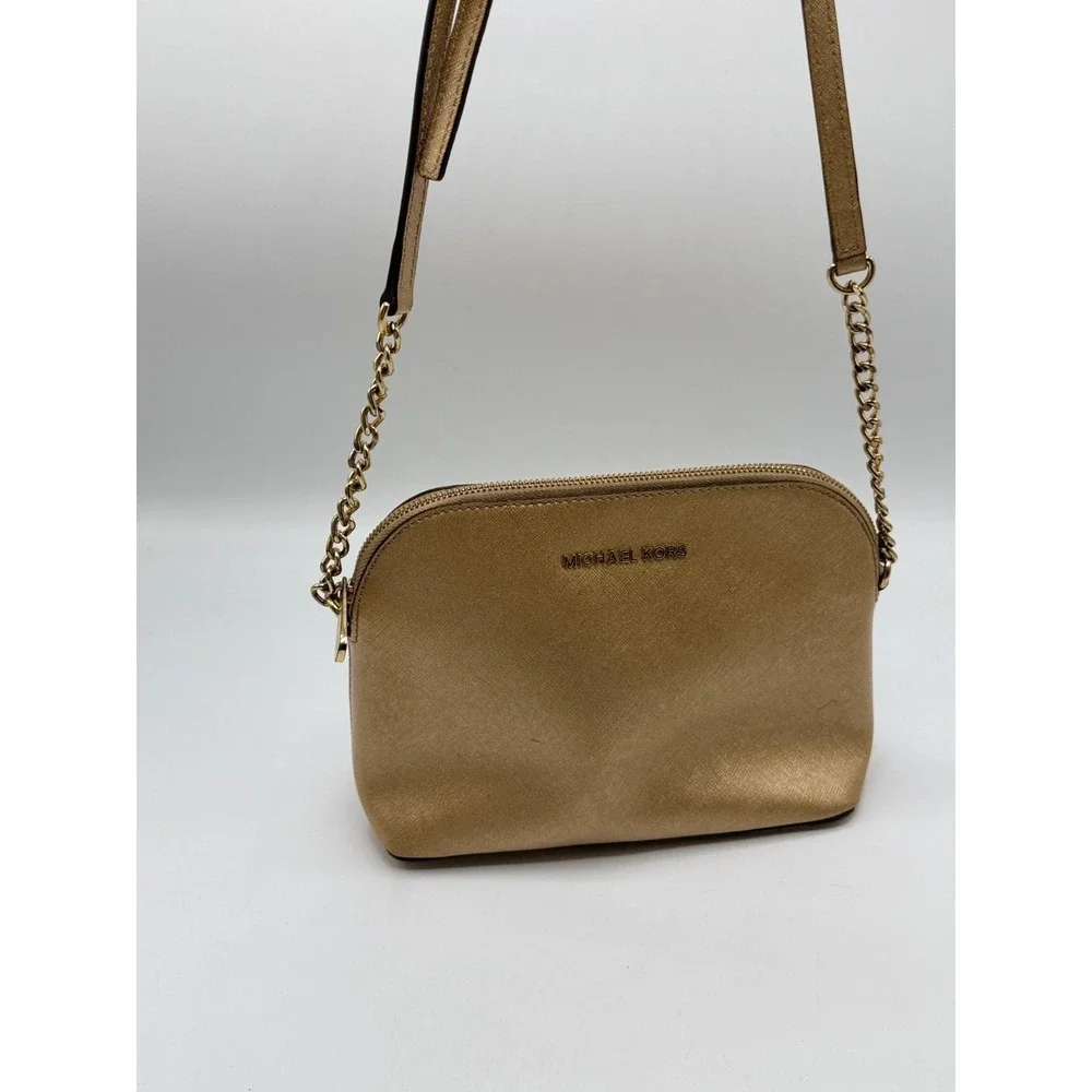 MICHAEL KORS Gold Saffiano Leather Dome Crossbody Bag Chain Strap AS IS